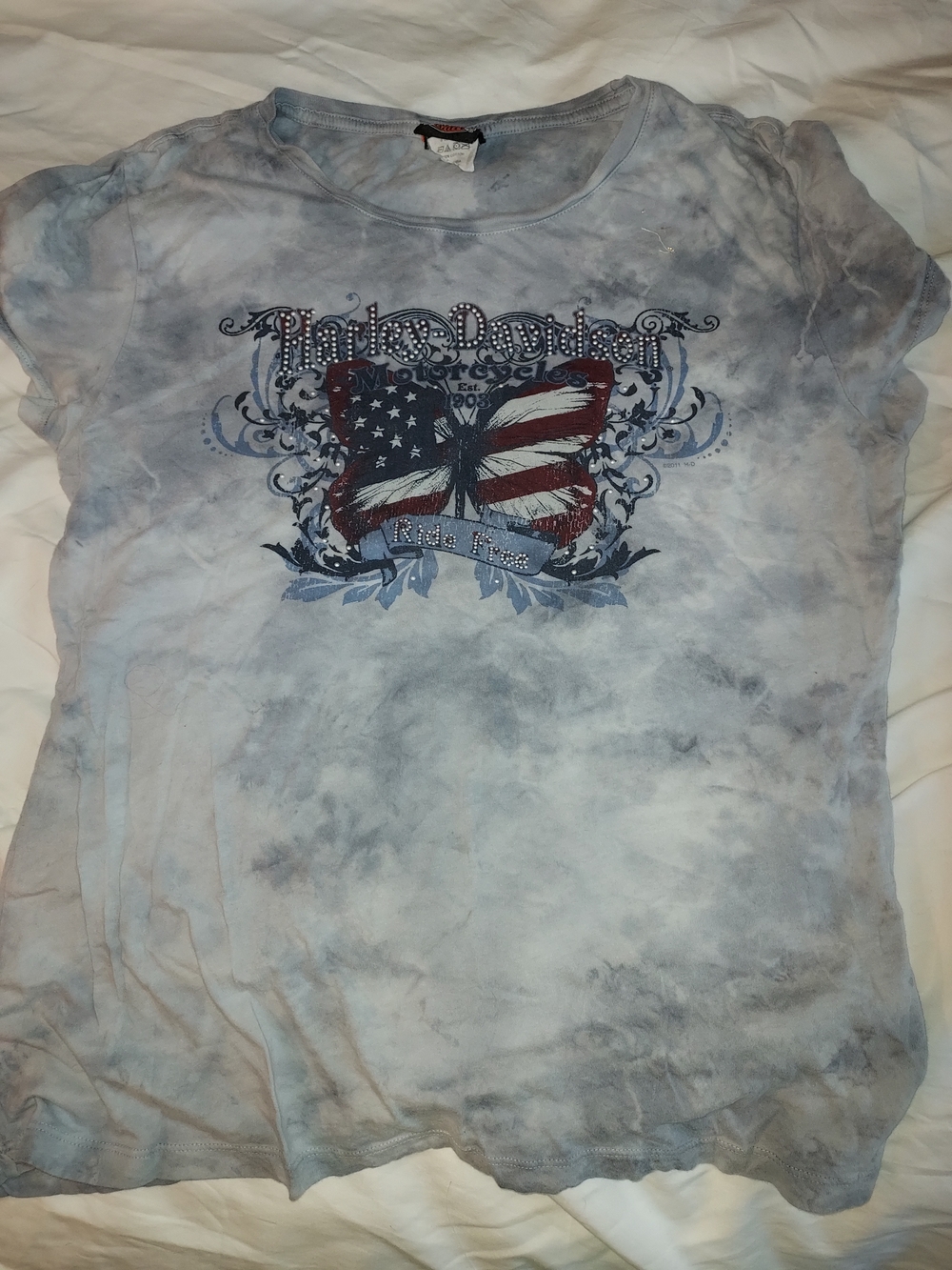 Harley-Davidson American Flag Graphic Tee - Faded Gray Blue Tie-Dye